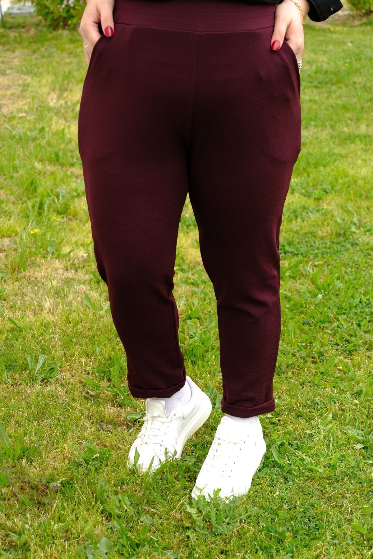 RENKTE DUBLE PAÇA CEPLİ VİŞNE ESNEK PANTOLON