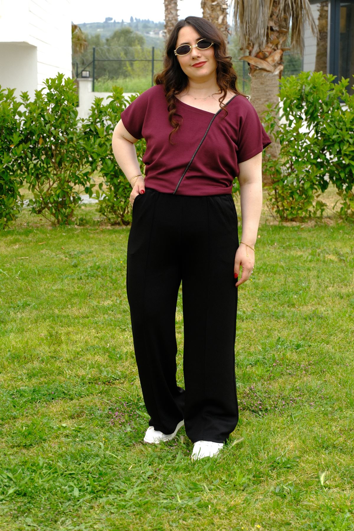 RENKTE ÇIMALI BOL PAÇA BATTAL BEDEN SİYAH MODAL ALT