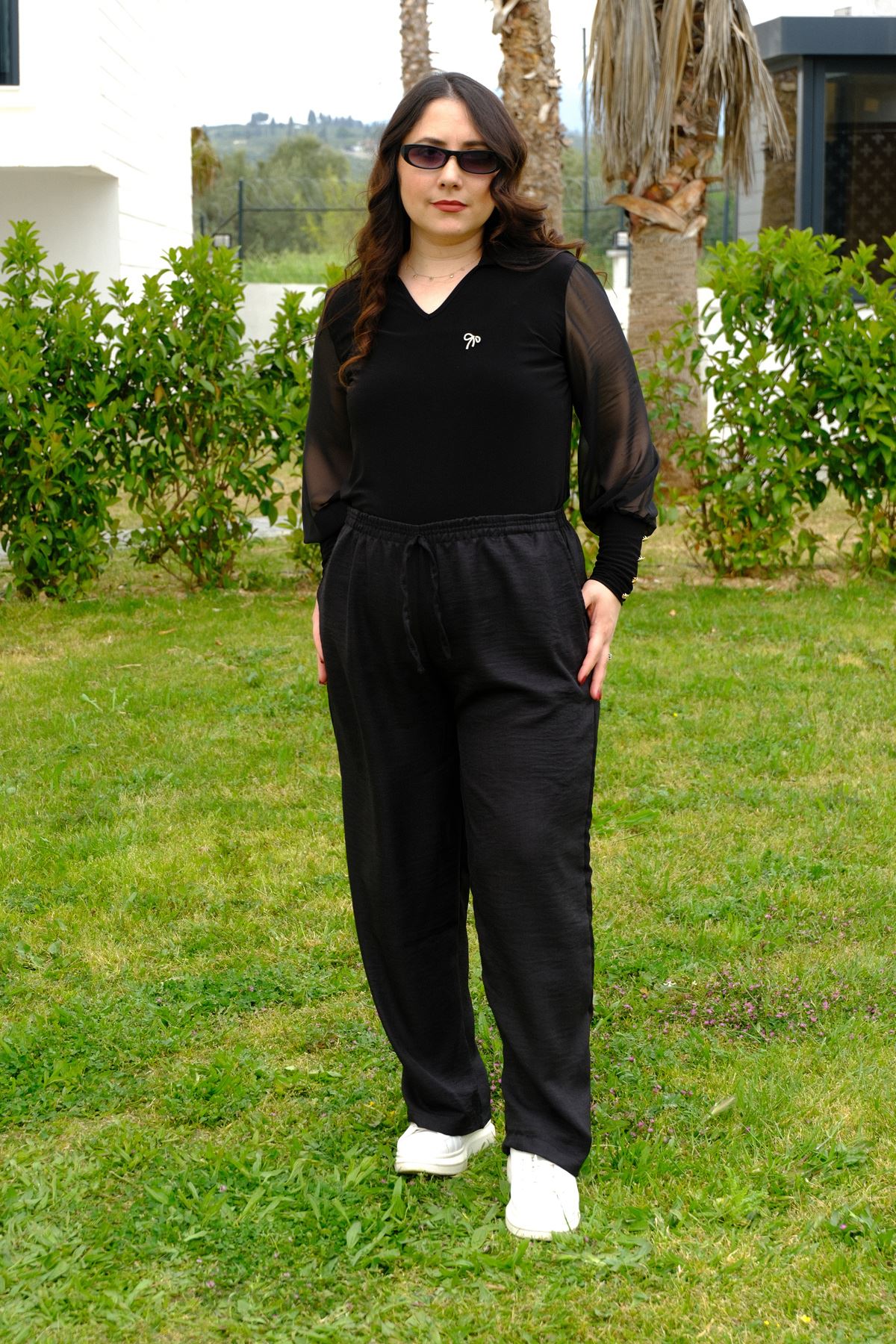 RENKTE BÜYÜK BEDEN SİYAH KETEN BOL PAÇA PANTOLON