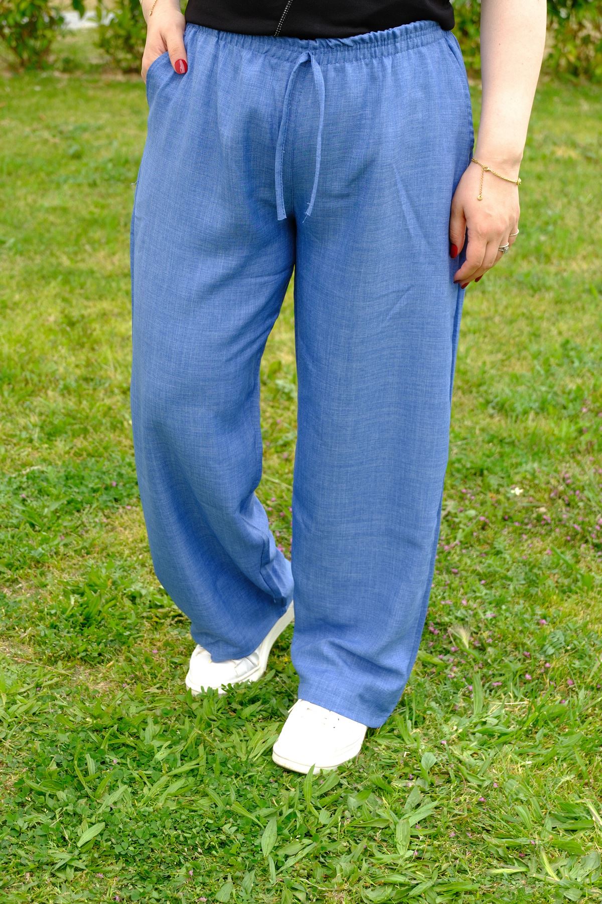 RENKTE BÜYÜK BEDEN MAVİ KETEN BOL PAÇA PANTOLON