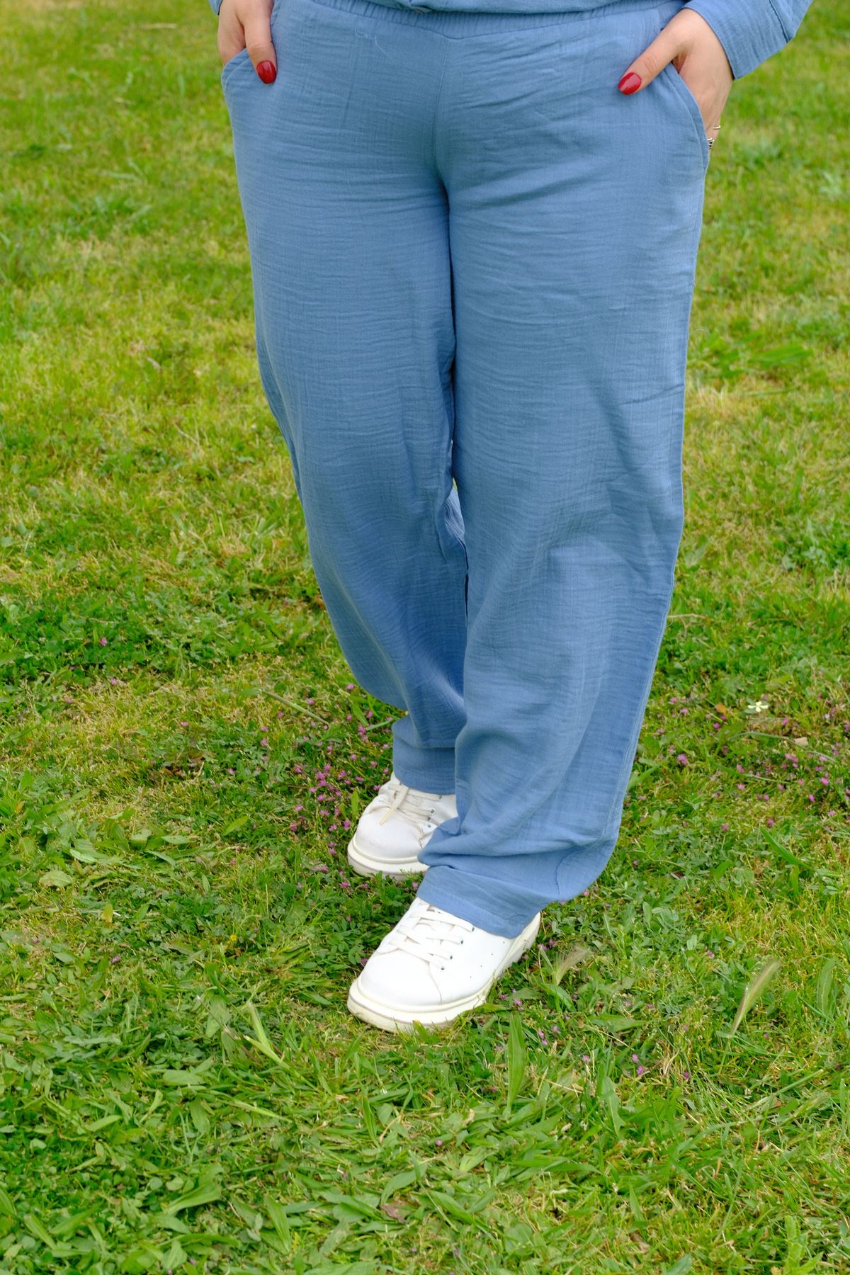 RENKTE BÜYÜK BEDEN MAVİ KETEN TAKIM