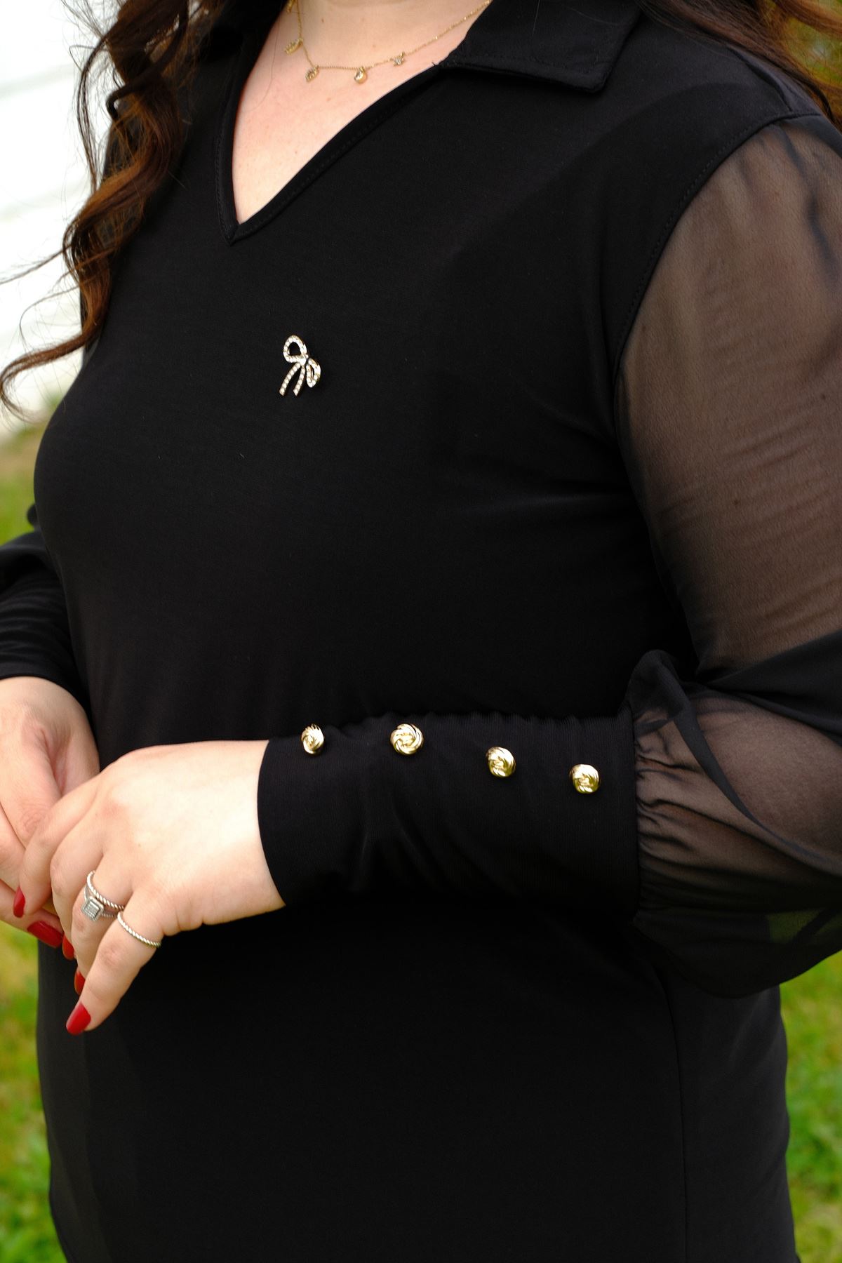 RENKTE BÜYÜK BEDEN ŞİFON KOLLU DÜĞME DETAYLI BLUZ