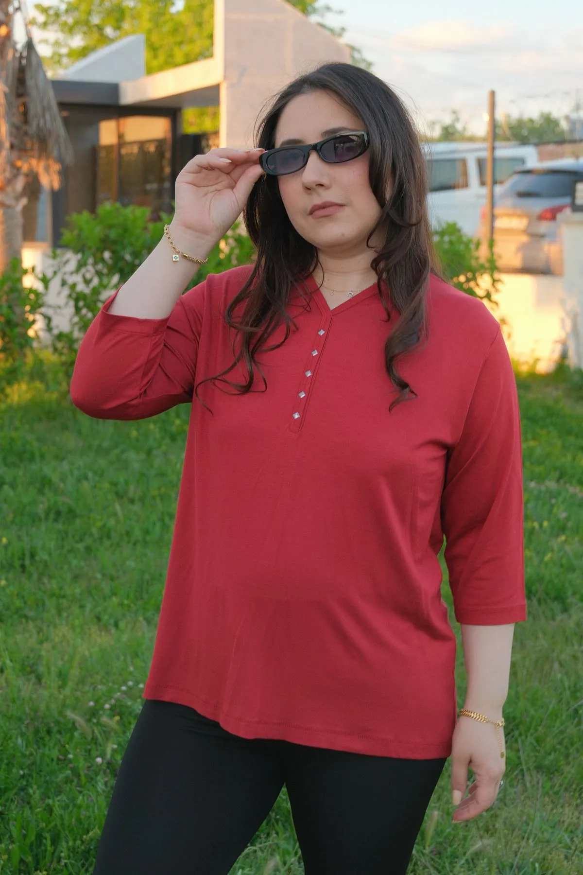 RENKTE BORDO KAPRİ KOL ESNEK PENYE BLUZ