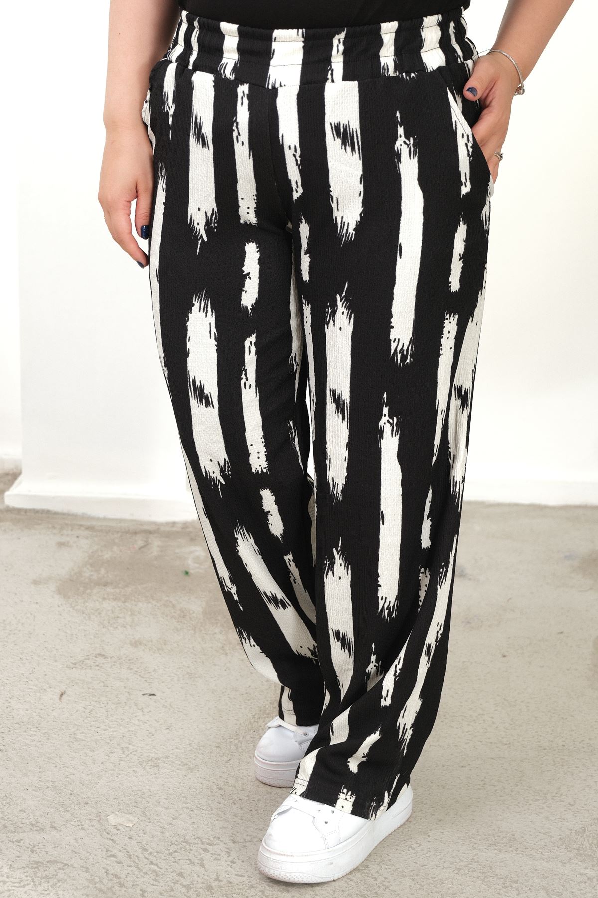 RENKTE BÜYÜK BEDEN CEPLİ BELİ LASTİKLİ  BOL PAÇA PANTALON