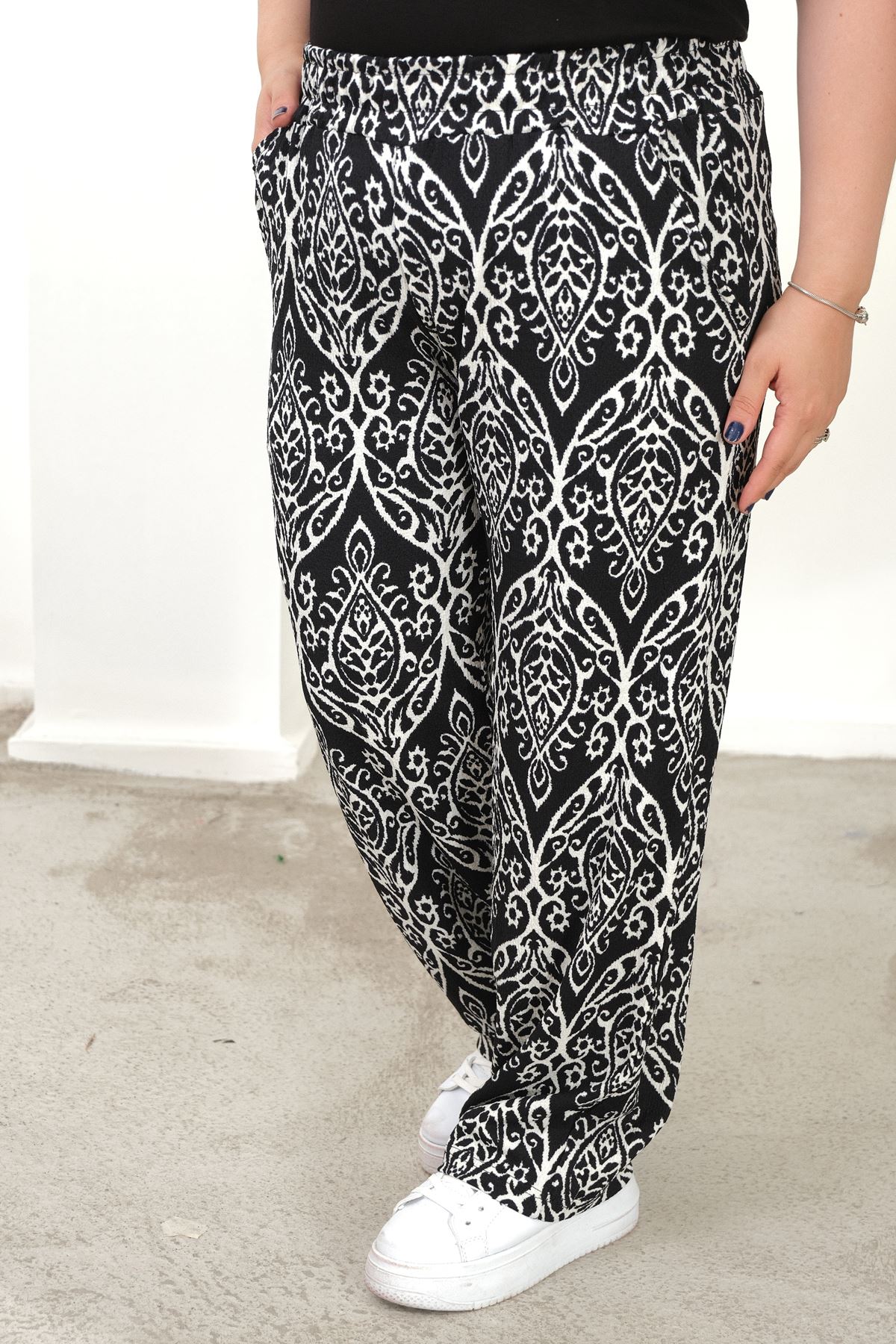 RENKTE BÜYÜK BEDEN CEPLİ BELİ LASTİKLİ BOL PAÇA PANTALON