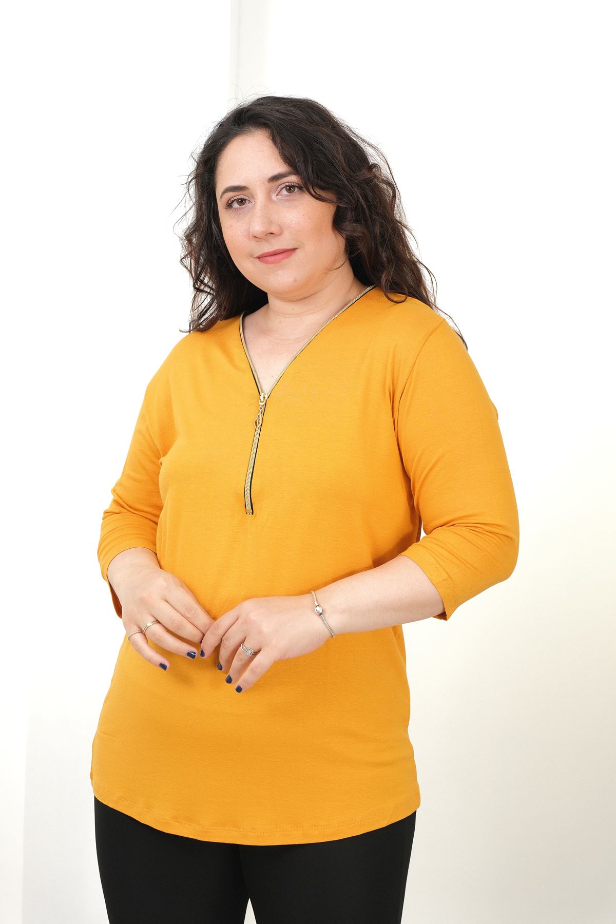 RENKTE BÜYÜK BEDEN FERMUARLI KAPRİ KOL HARDAL BLUZ