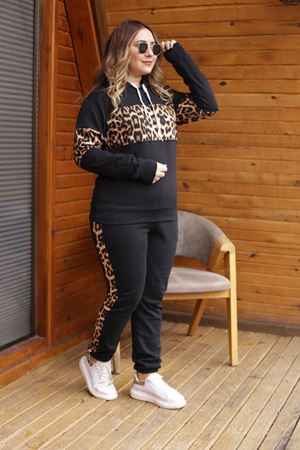 RENKTE LEOPAR VE SİYAH KOMBİNLİ ŞARDONLU TASARIM TAKIM