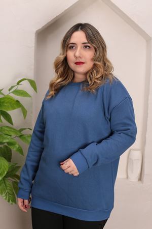 RENKTE GENİŞ KESİM ŞARDONLU DÜZ İNDİGO SWEAT