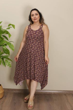 RENKTE ASİMETRİK HALKA DETAYLI DESENLİ ELBİSE