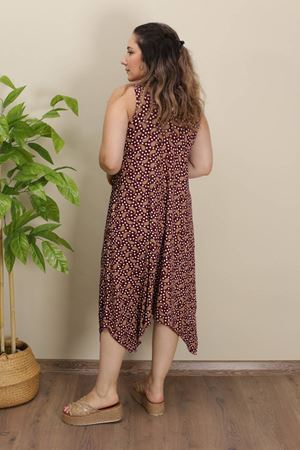 RENKTE ASİMETRİK HALKA DETAYLI DESENLİ ELBİSE