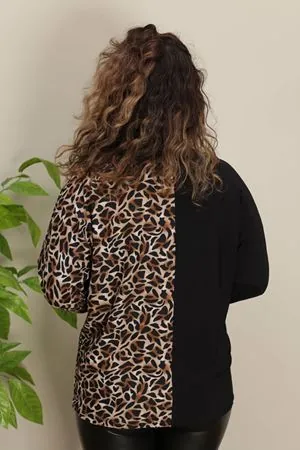 RENKTE YARISI LEOPAR GARNİLİ SİYAH BLUZ