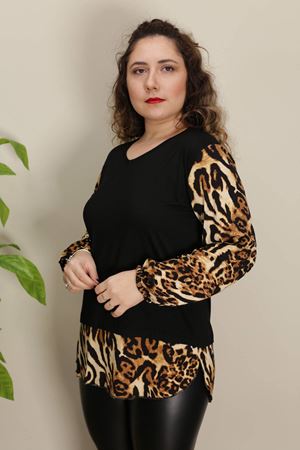 RENKTE KOLLARI VE ETEĞİ LEOPAR GARNİLİ SİYAH BLUZ