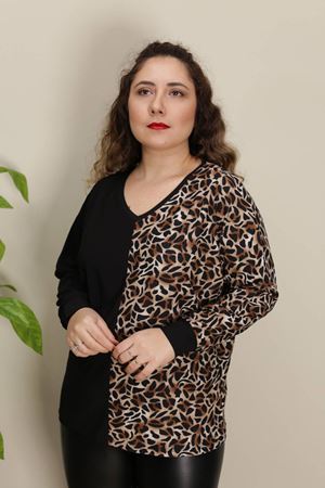 RENKTE YARISI LEOPAR GARNİLİ SİYAH BLUZ