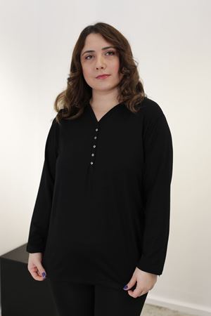 RENKTE V YAKALI UZUN KOL SİYAH BLUZ