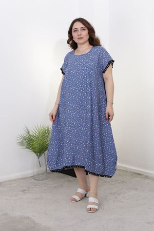 RENKTE KOL ETEK UCU PONPON DETAY BÜYÜK BEDEN OTANTİK ELBİSE