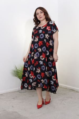 RENKTE KOL ETEK UCU PONPON DETAY BÜYÜK BEDEN OTANTİK ELBİSE