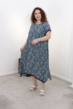 RENKTE KOL ETEK UCU PONPON DETAY BÜYÜK BEDEN OTANTİK ELBİSE