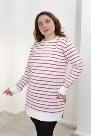 RENKTE BÜYÜK BEDEN ÇİZGİLİ PUDRA SWEAT & TUNİK