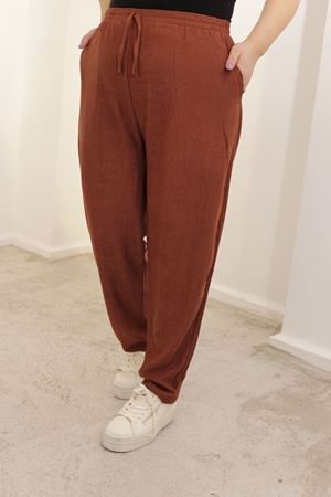 RENKTE FİTİLLİ ESNEK BÜYÜK BEDEN KAHVERENGİ PANTOLON