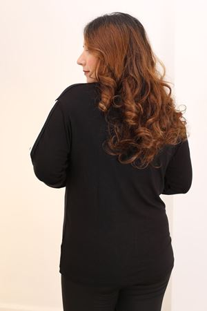 RENKTE GENİŞ KESİM ÇİZGİ ŞERİT DETAY SİYAH BLUZ