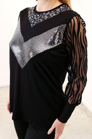 RENKTE PUL PAYET DETAY GENİŞ KESİM SİYAH BLUZ