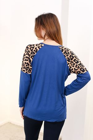 RENKTE KOLLARI LEOPAR DESEN İNDİGO BLUZ