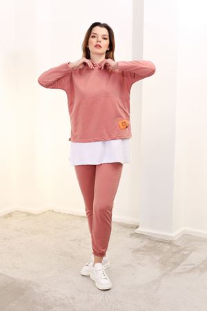 RENKTE GENİŞ KESİM BEYAZ DETAYLI PUDRA PEMBE TAKIM