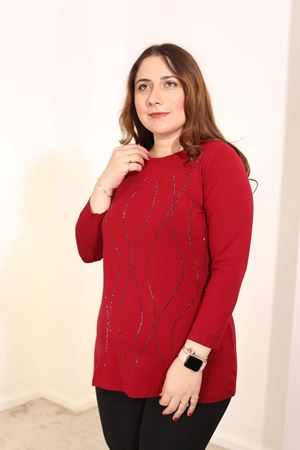 RENKTE BÜYÜK BEDEN TAŞLI BORDO BLUZ