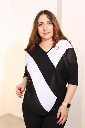RENKTE BÜYÜK BEDEN DERİLİ PARÇALI SİYAH BLUZ
