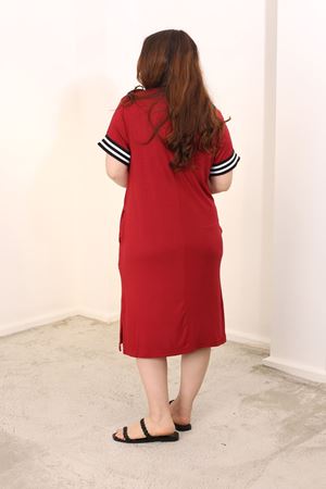 RENKTE BÜYÜK BEDEN ŞERİT DETAY BORDO ELBİSE