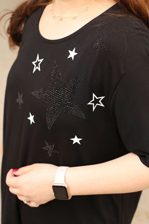 RENKTE BÜYÜK BEDEN SİYAH YILDIZLI ESNEK BLUZ