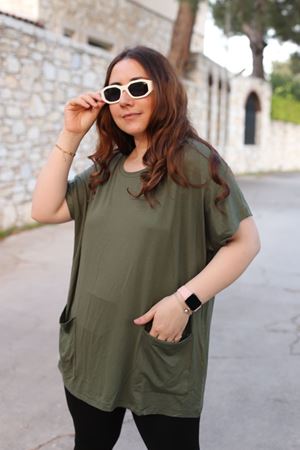 RENKTE BÜYÜK BEDEN CEPLİ HAKİ BLUZ