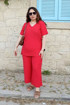 RENKTE BÜYÜK BEDEN V YAKA KIRMIZI BÜRÜMCÜK TAKIM