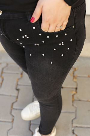 RENKTE KOT PANTOLON BÜYÜK BEDEN TAŞLI SİYAH JEAN