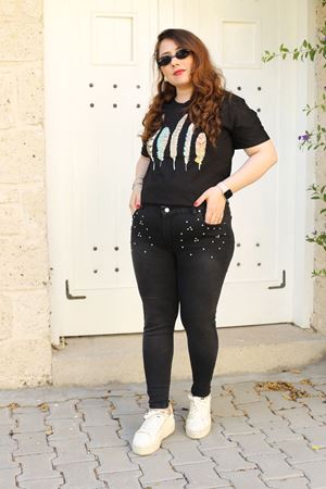 RENKTE KOT PANTOLON BÜYÜK BEDEN TAŞLI SİYAH JEAN
