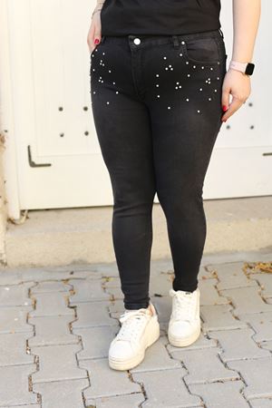 RENKTE KOT PANTOLON BÜYÜK BEDEN TAŞLI SİYAH JEAN