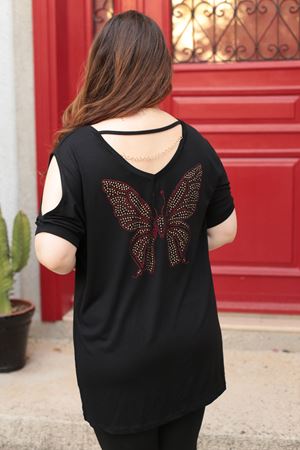 RENKTE BÜYÜK BEDEN ZİNCİR DETAY KELEBEK TAŞLI SİYAH BLUZ