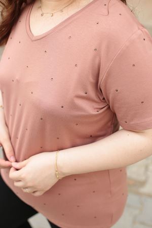 RENKTE BÜYÜK BEDEN TAŞLI PUDRA PEMBE BLUZ