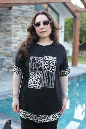 RENKTE BÜYÜK BEDEN TAŞLI LEOPAR DETAYLI TASARIM TAKIM