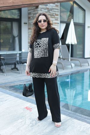 RENKTE BÜYÜK BEDEN TAŞLI LEOPAR DETAYLI TASARIM TAKIM