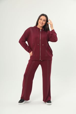 RENKTE BÜYÜK BEDEN TASARIM BORDO EŞOFMAN TAKIMI