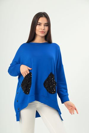 RENKTE BÜYÜK BEDEN CEPLERİ PAYETLİ SAKS TUNİK & BLUZ