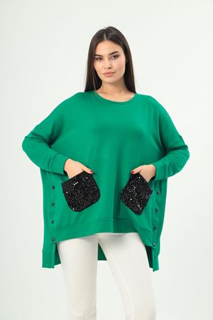 RENKTE BÜYÜK BEDEN CEPLERİ PAYETLİ YEŞİL TUNİK & BLUZ