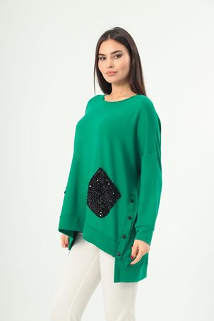 RENKTE BÜYÜK BEDEN CEPLERİ PAYETLİ YEŞİL TUNİK & BLUZ