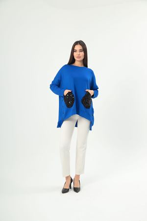 RENKTE BÜYÜK BEDEN CEPLERİ PAYETLİ SAKS TUNİK & BLUZ