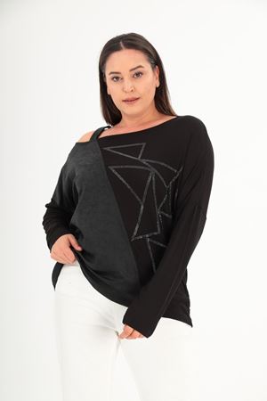 RENKTE BÜYÜK BEDEN DERİ GARNİLİ OMUZ DEKOLTELİ BLUZ