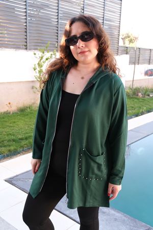 RENKTE BÜYÜK BEDEN CEP İNCİLİ ZÜMRÜT HIRKA & CEKET