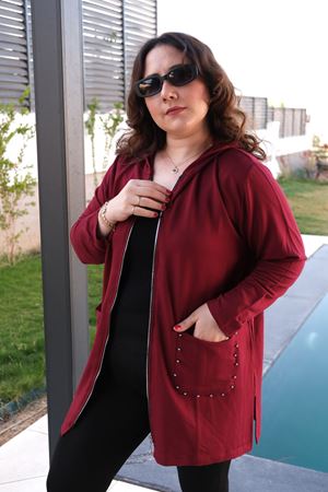 RENKTE BÜYÜK BEDEN CEP İNCİLİ BORDO HIRKA & CEKET