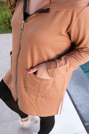 RENKTE BÜYÜK BEDEN CEP İNCİLİ KAHVE HIRKA & CEKET