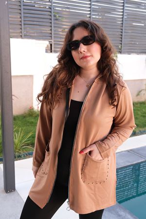 RENKTE BÜYÜK BEDEN CEP İNCİLİ KAHVE HIRKA & CEKET